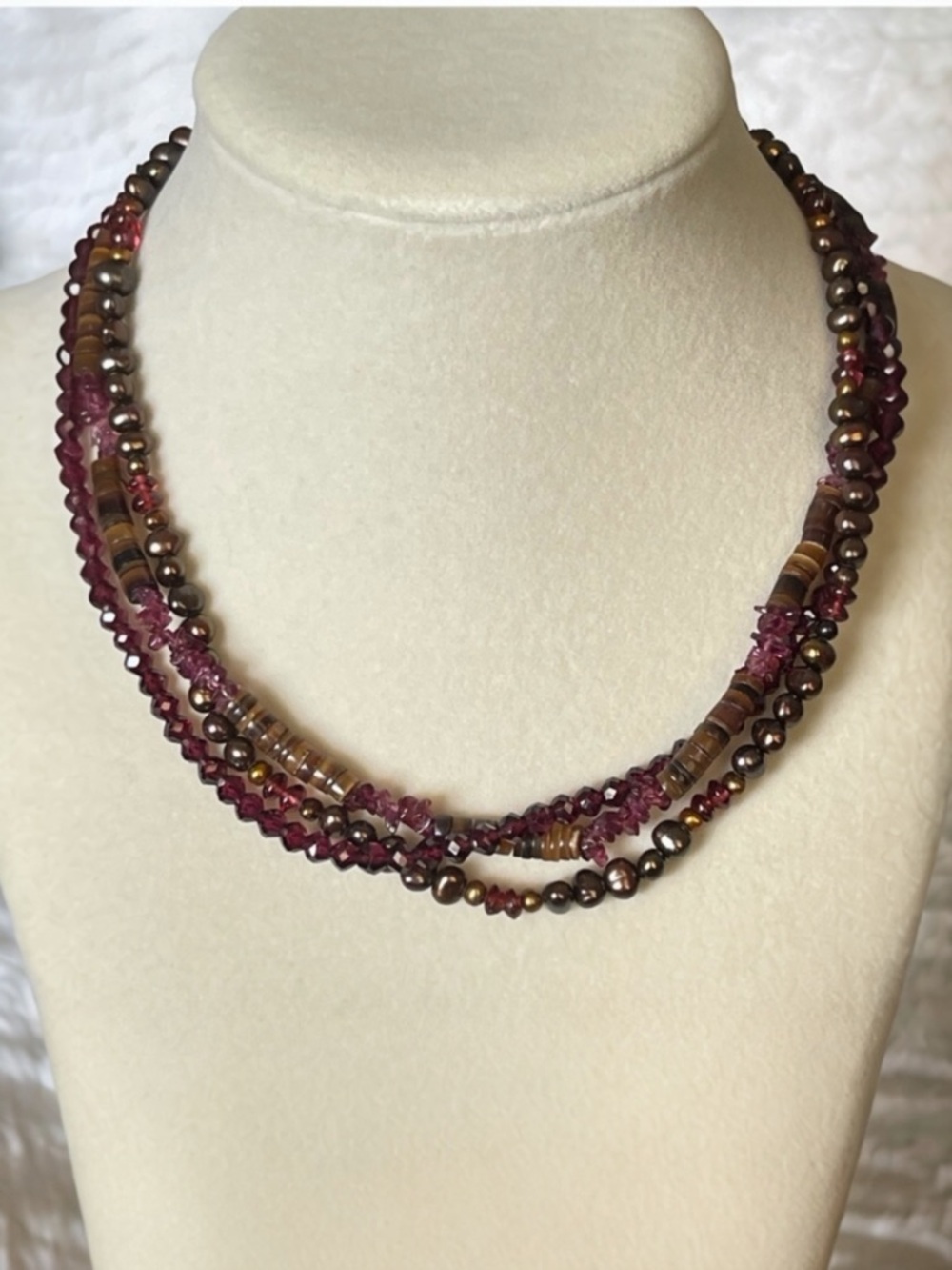 Natural Garnet Heishi Triple Strand Necklace 925 Sterling Silver Clasp